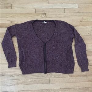Silence + Noise Heathered Purple V-Neck Sweater with Front Zipper and Pockets